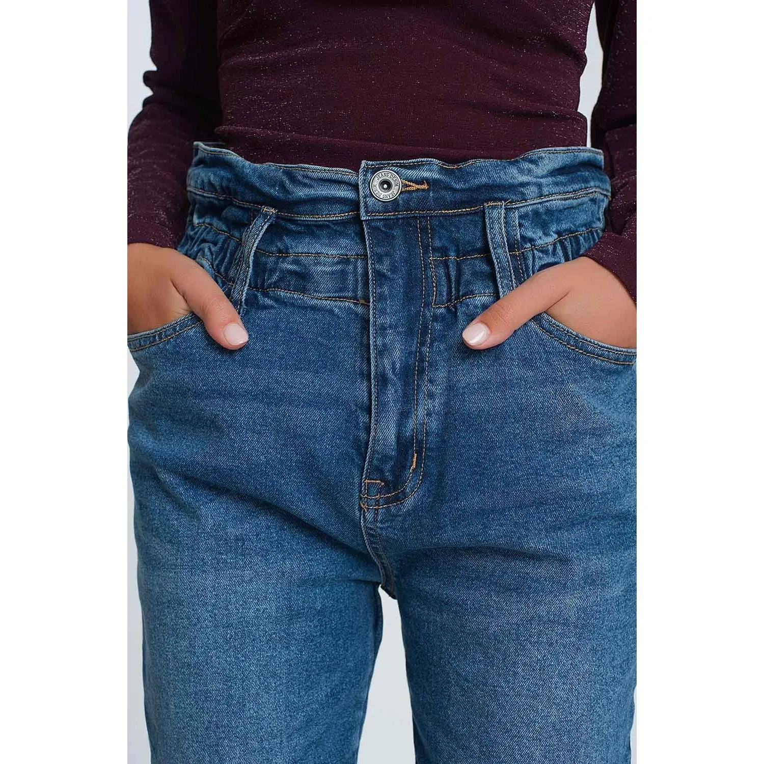 Paper Bag Waist Mom Jean in Dark Wash Blue