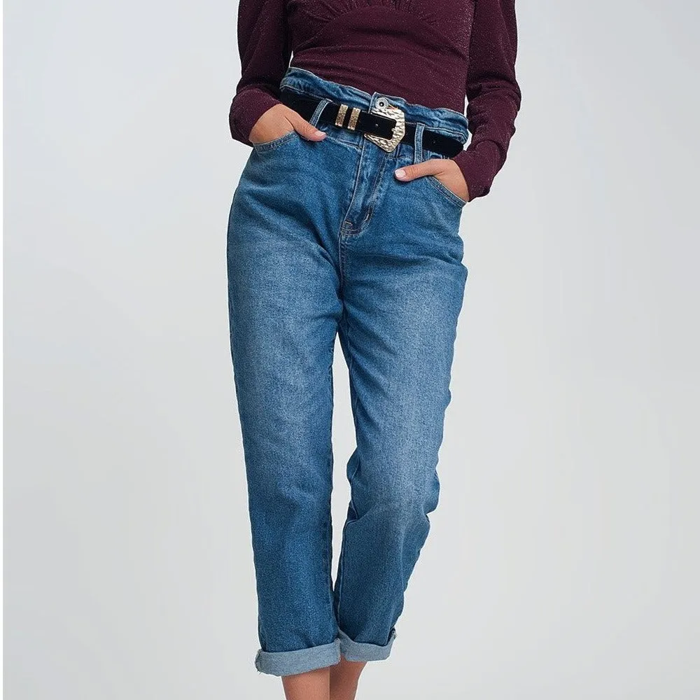 Paper Bag Waist Mom Jean in Dark Wash Blue