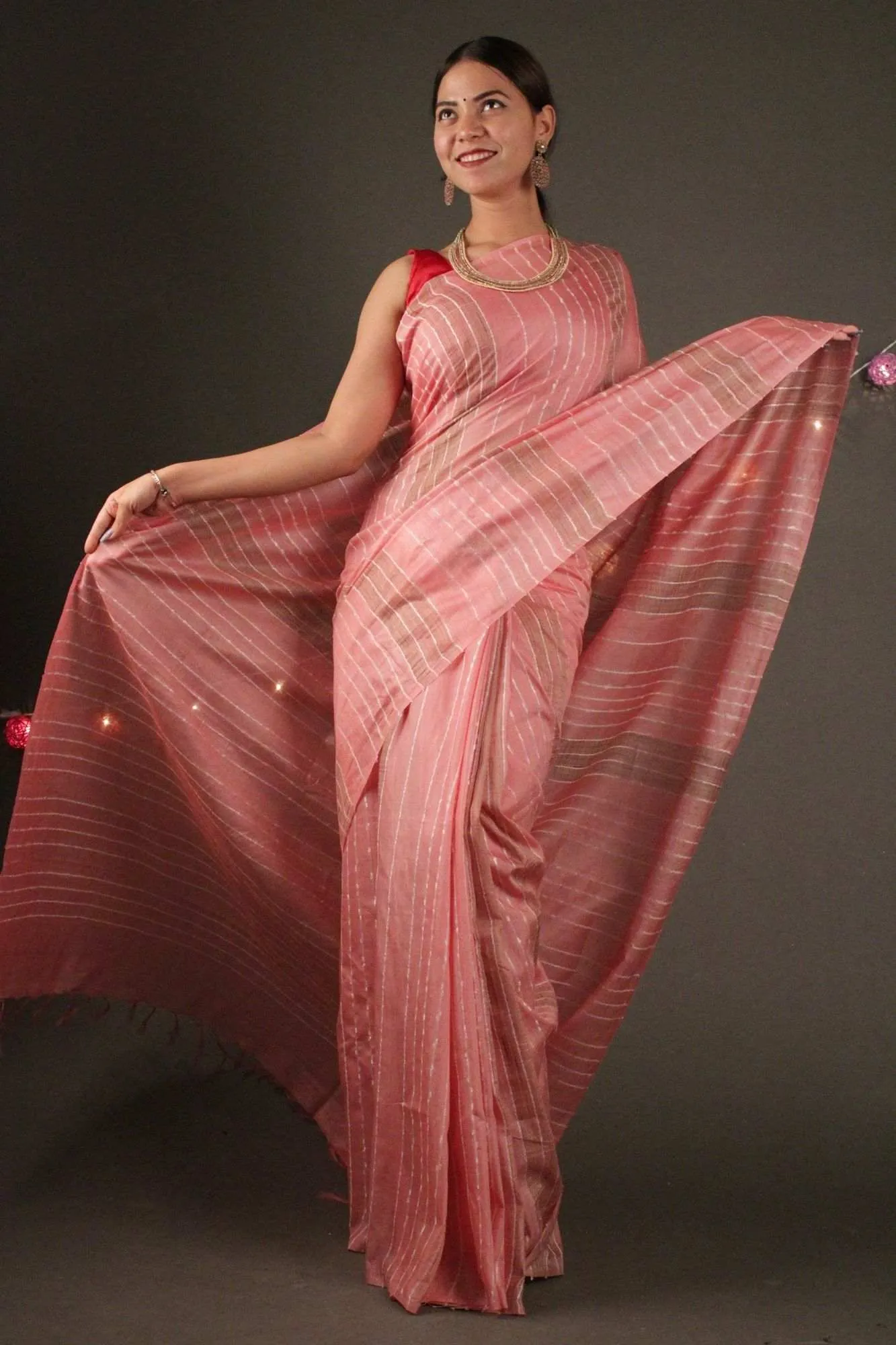 Peachy peach Katan Silk with Resham weaving all over Wrap in 1 minute saree