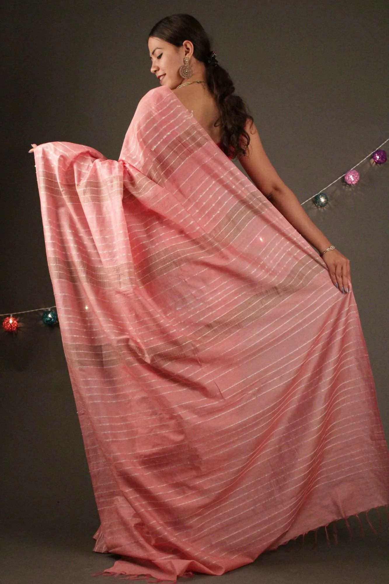 Peachy peach Katan Silk with Resham weaving all over Wrap in 1 minute saree