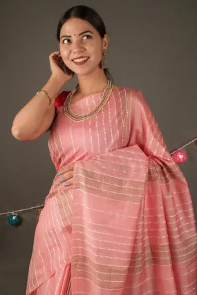 Peachy peach Katan Silk with Resham weaving all over Wrap in 1 minute saree