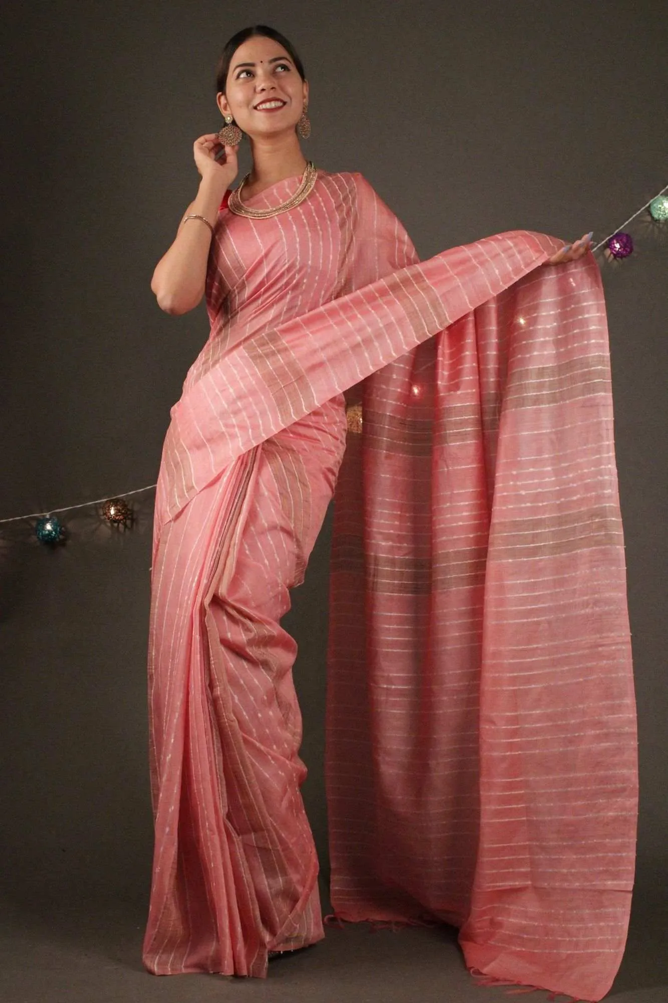 Peachy peach Katan Silk with Resham weaving all over Wrap in 1 minute saree