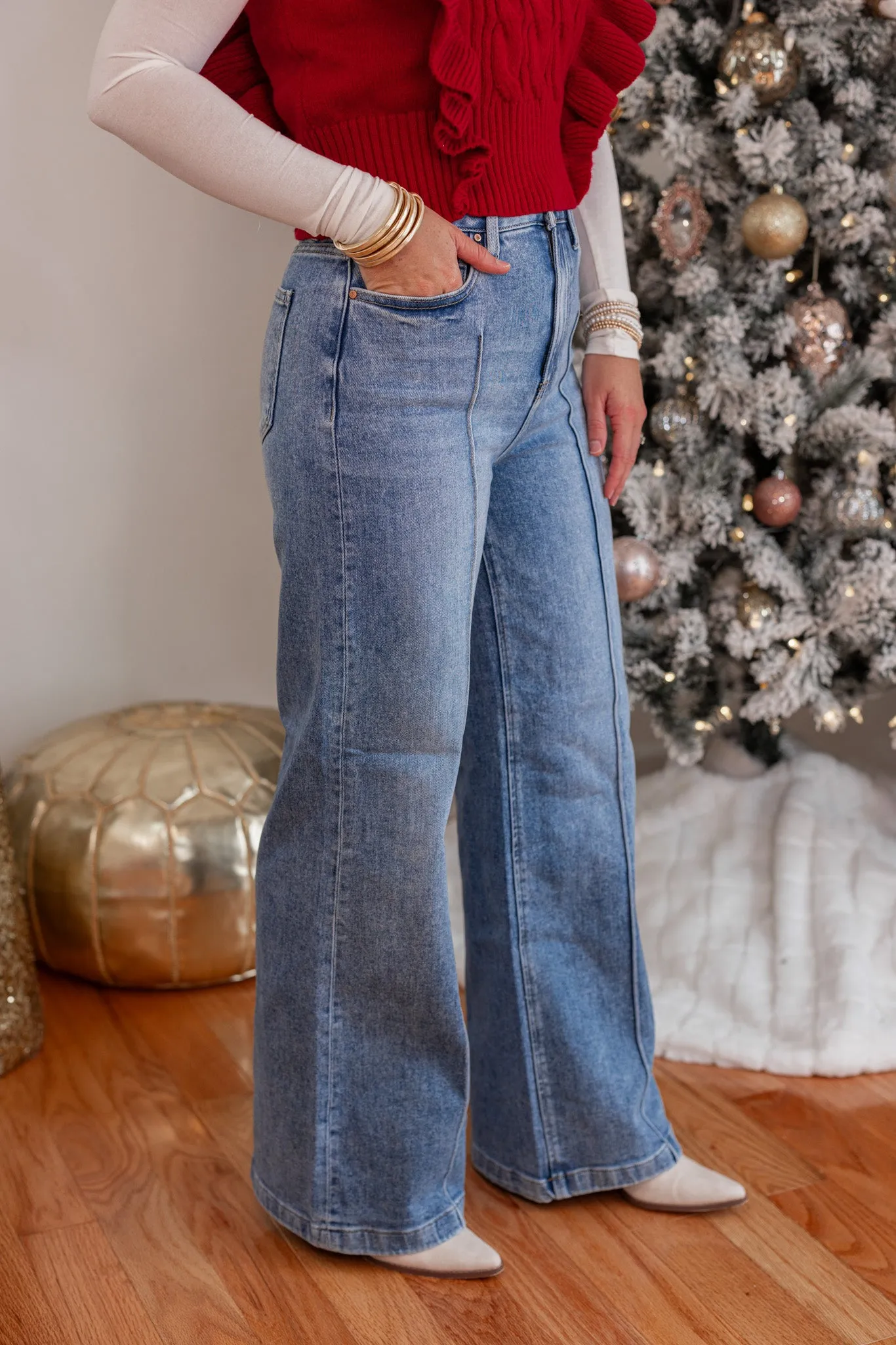 Pintuck Seam Medium Wash Jeans