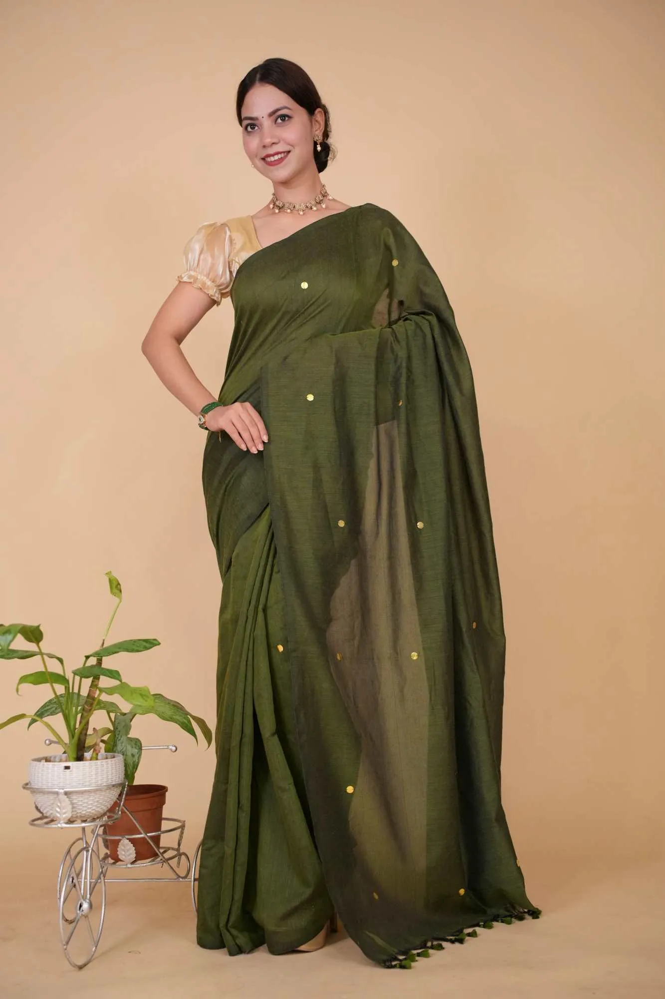 Prestitched Khadi Cotton Handloom With  overall tiki & Tassels on Pallu  Wrap in 1 minute Saree