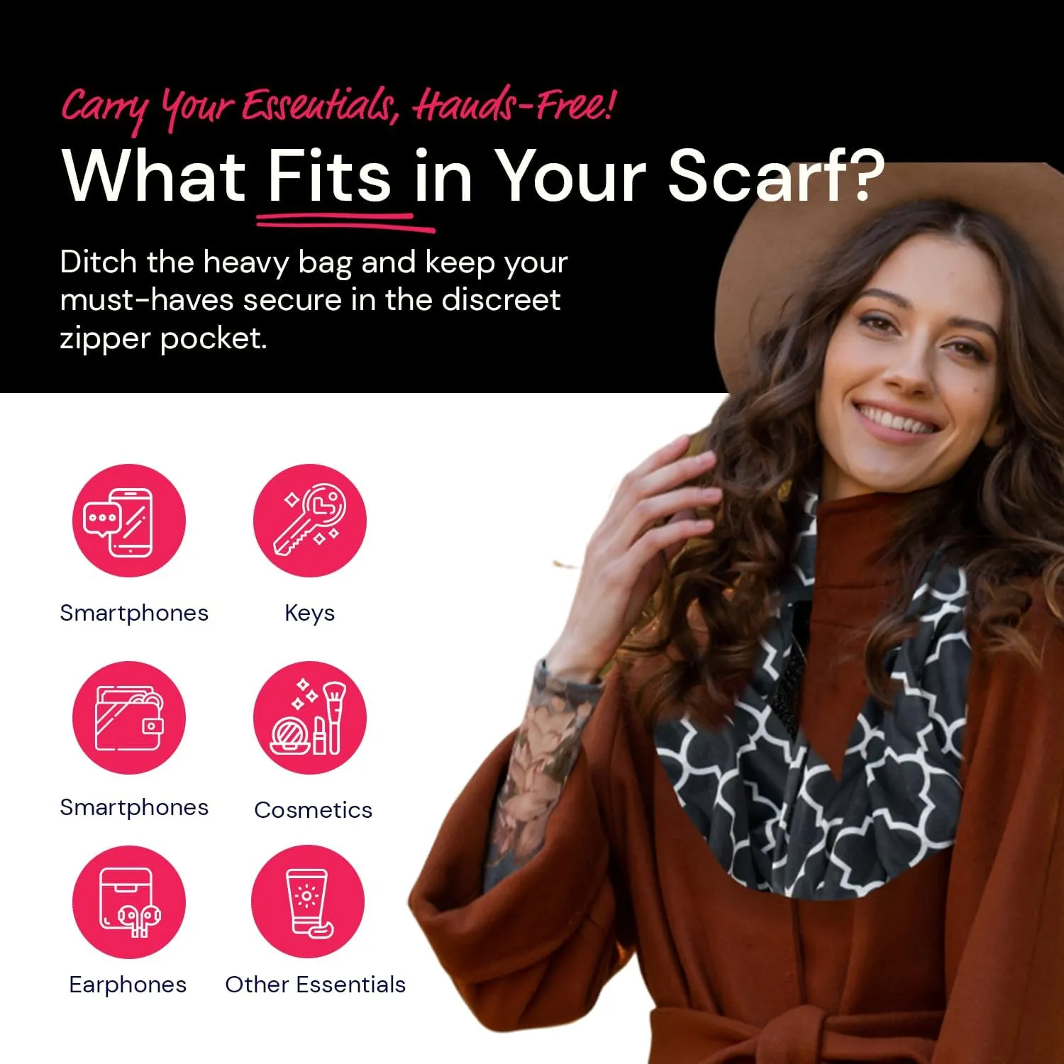 Quatrefoil Pattern Infinity Scarf for Women - Travel Scarf with Hidden Pocket - All Seasons