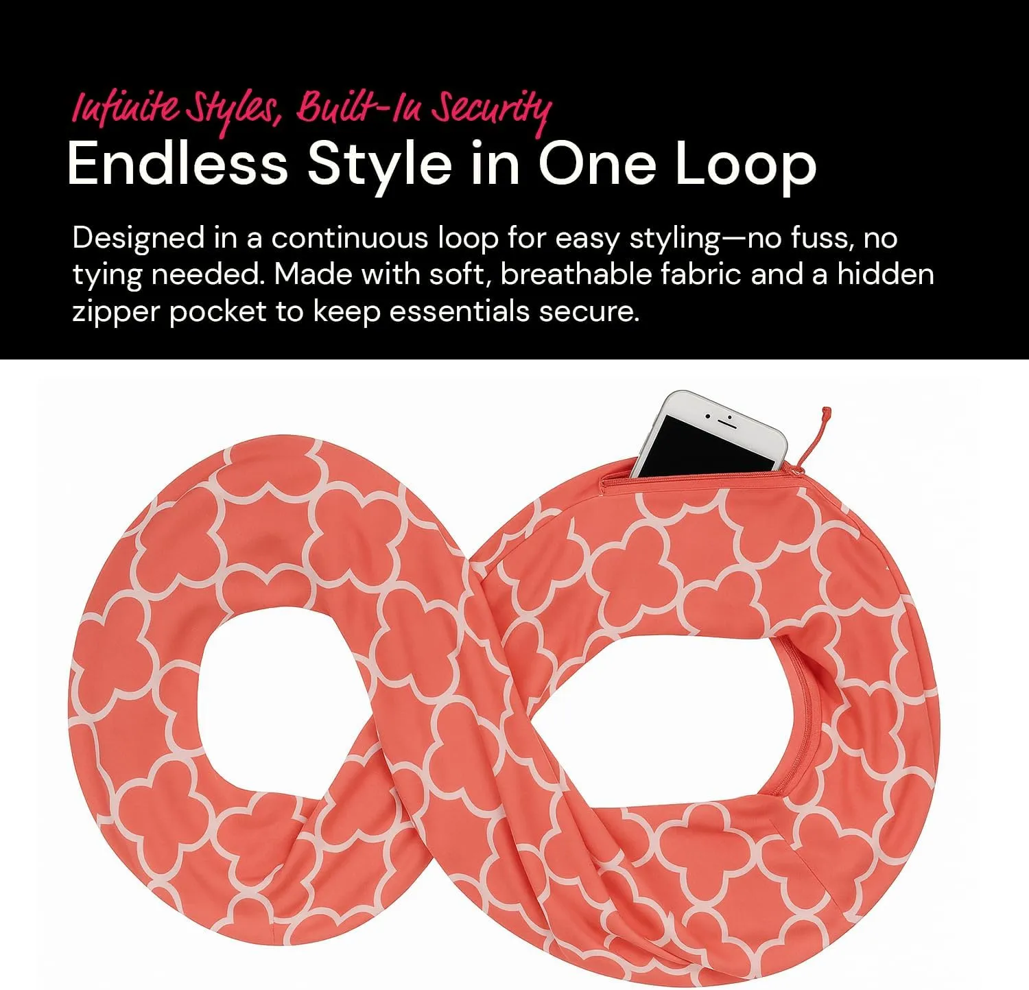 Quatrefoil Pattern Infinity Scarf for Women - Travel Scarf with Hidden Pocket - All Seasons