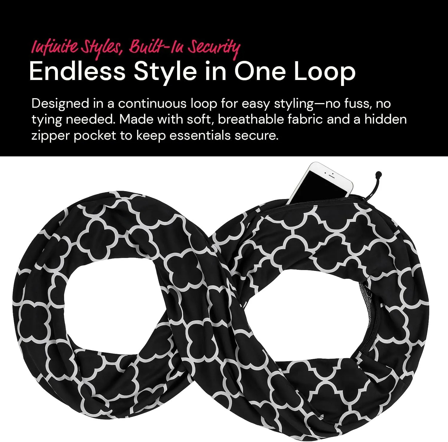 Quatrefoil Pattern Infinity Scarf for Women - Travel Scarf with Hidden Pocket - All Seasons
