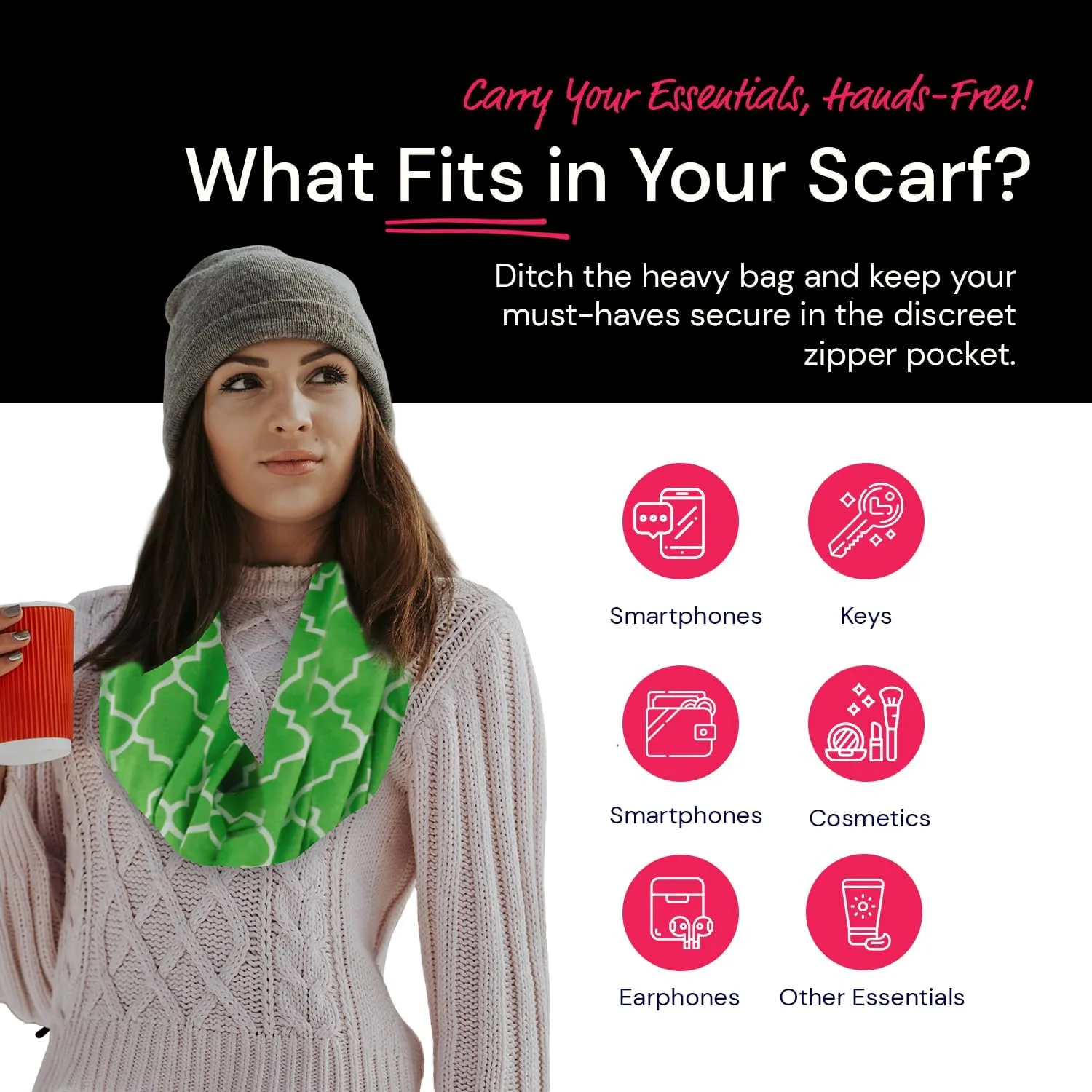 Quatrefoil Pattern Infinity Scarf for Women - Travel Scarf with Hidden Pocket - All Seasons