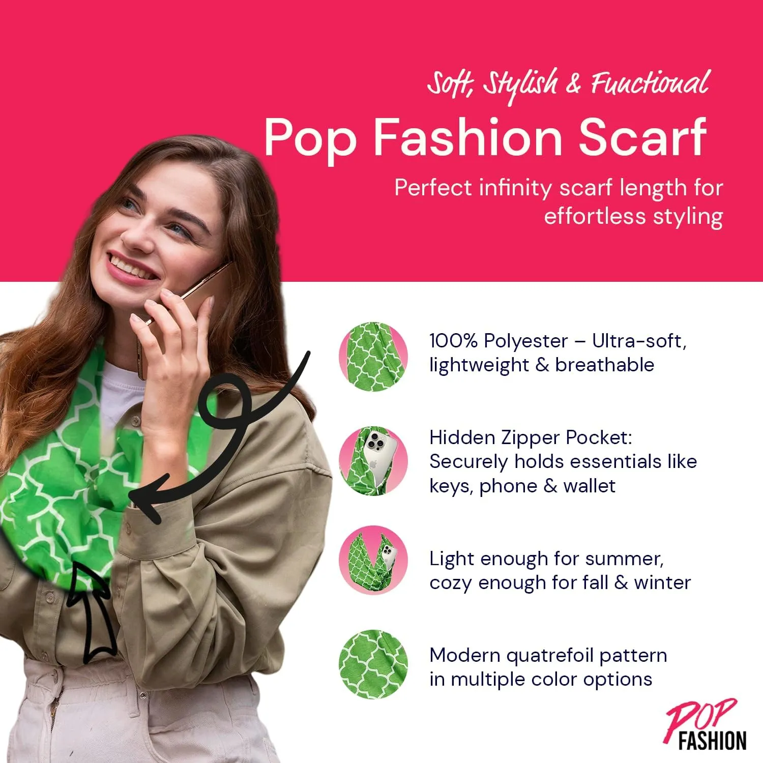 Quatrefoil Pattern Infinity Scarf for Women - Travel Scarf with Hidden Pocket - All Seasons