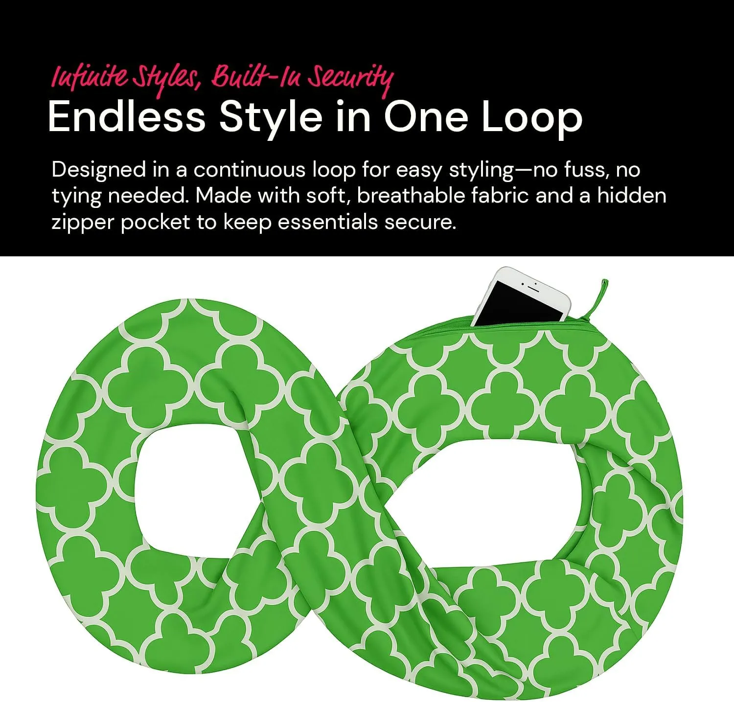 Quatrefoil Pattern Infinity Scarf for Women - Travel Scarf with Hidden Pocket - All Seasons