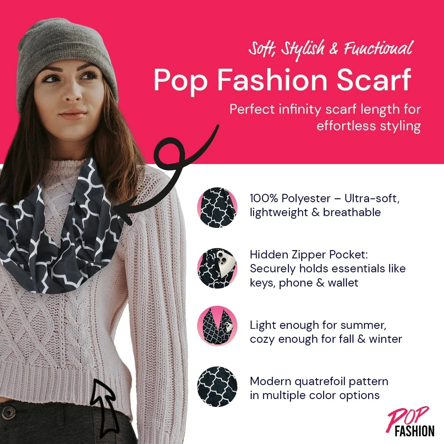 Quatrefoil Pattern Infinity Scarf for Women - Travel Scarf with Hidden Pocket - All Seasons
