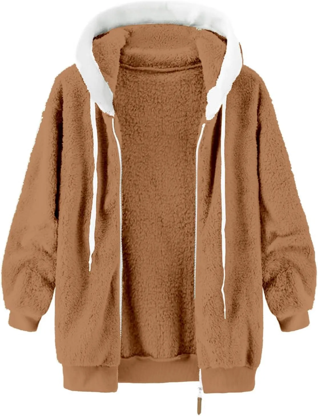 QWENTMTNTY Womens Fuzzy Fleece Cardigan Coat Winter Plus Size Oversized Sherpa Lined Jacket with Hood Light Warm Jackets