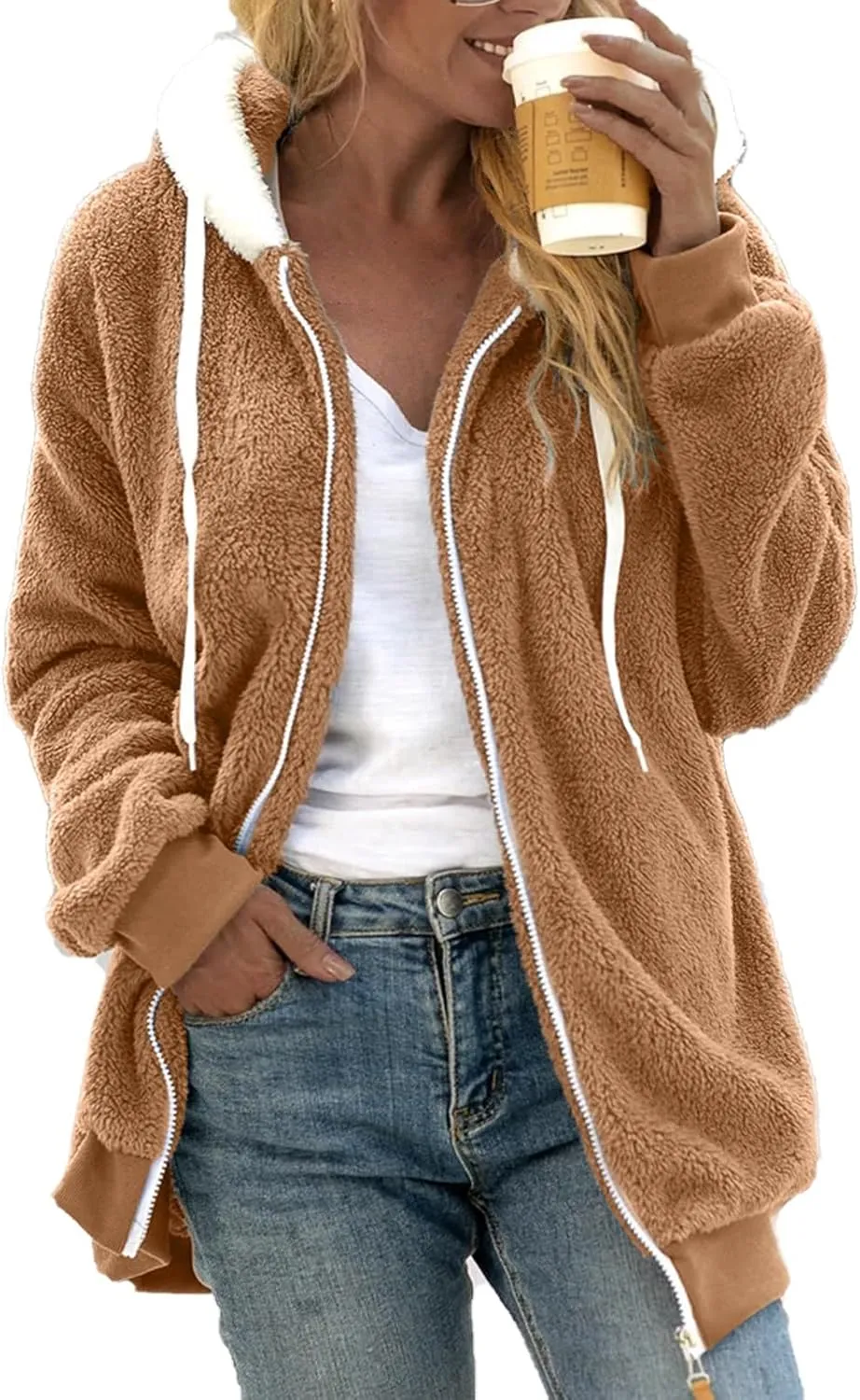 QWENTMTNTY Womens Fuzzy Fleece Cardigan Coat Winter Plus Size Oversized Sherpa Lined Jacket with Hood Light Warm Jackets