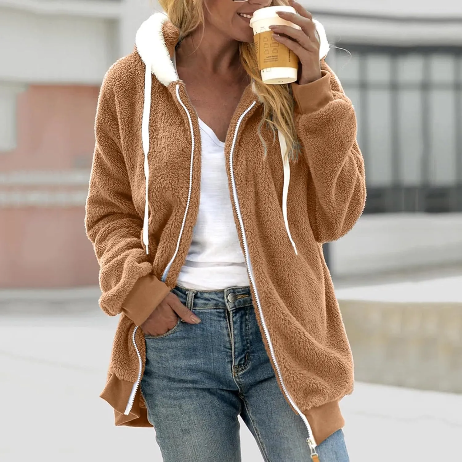 QWENTMTNTY Womens Fuzzy Fleece Cardigan Coat Winter Plus Size Oversized Sherpa Lined Jacket with Hood Light Warm Jackets