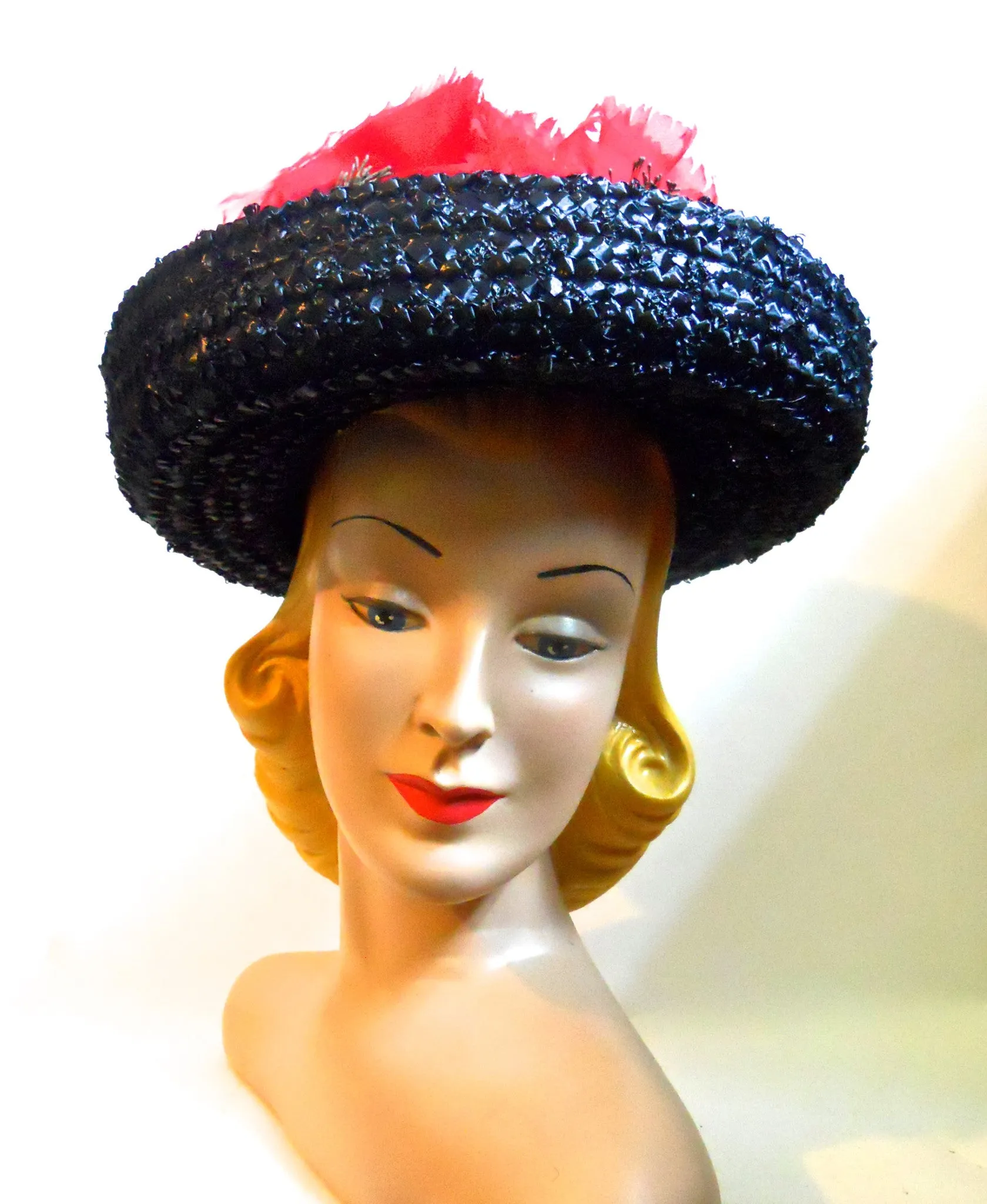 Red Poppy Topped Black and White Sisal Hat with  circa 1960s