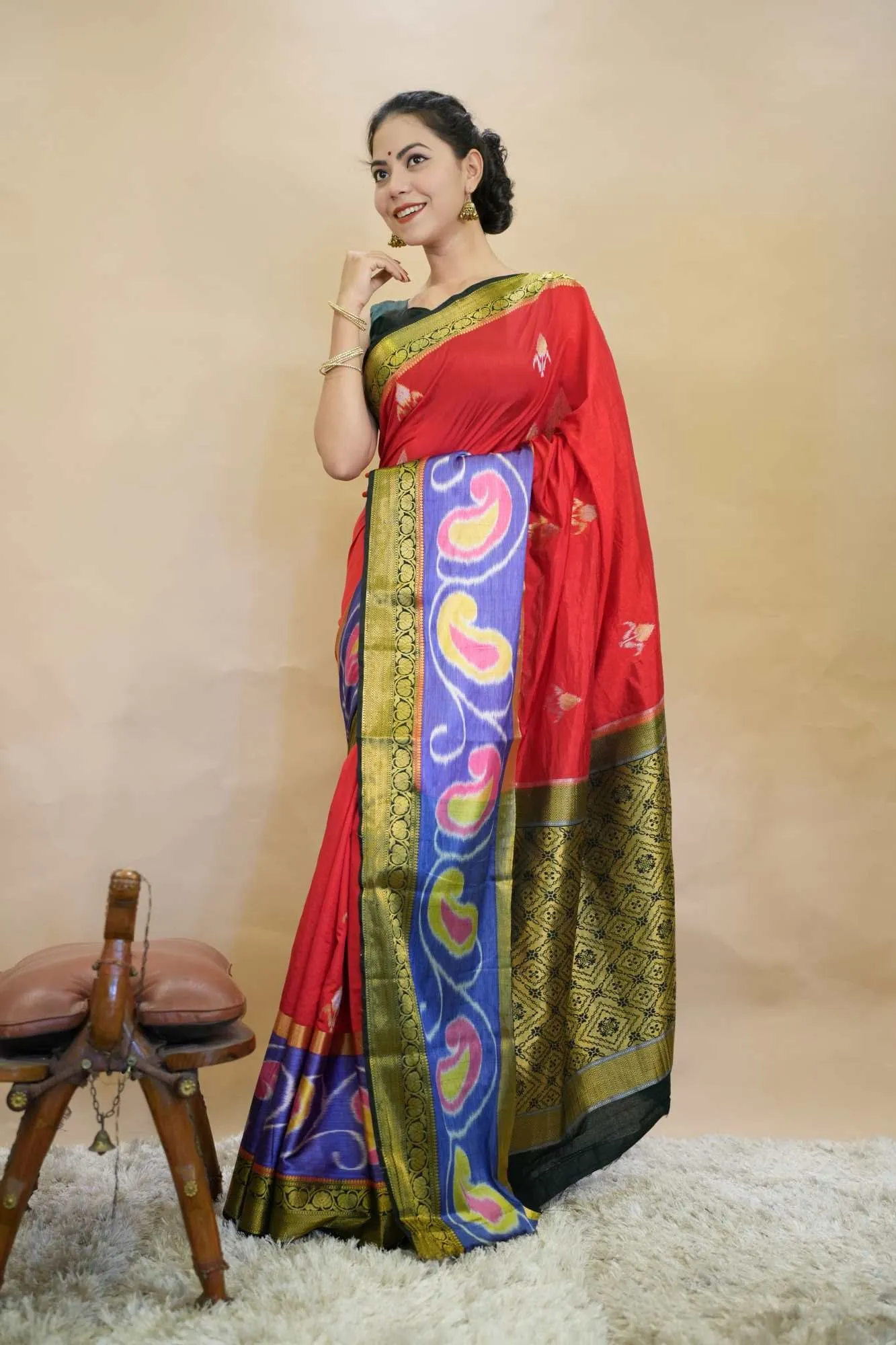 Royal Red Cotton Silk Zari With Ikkat Contrast Border Wrap in 1 minute saree