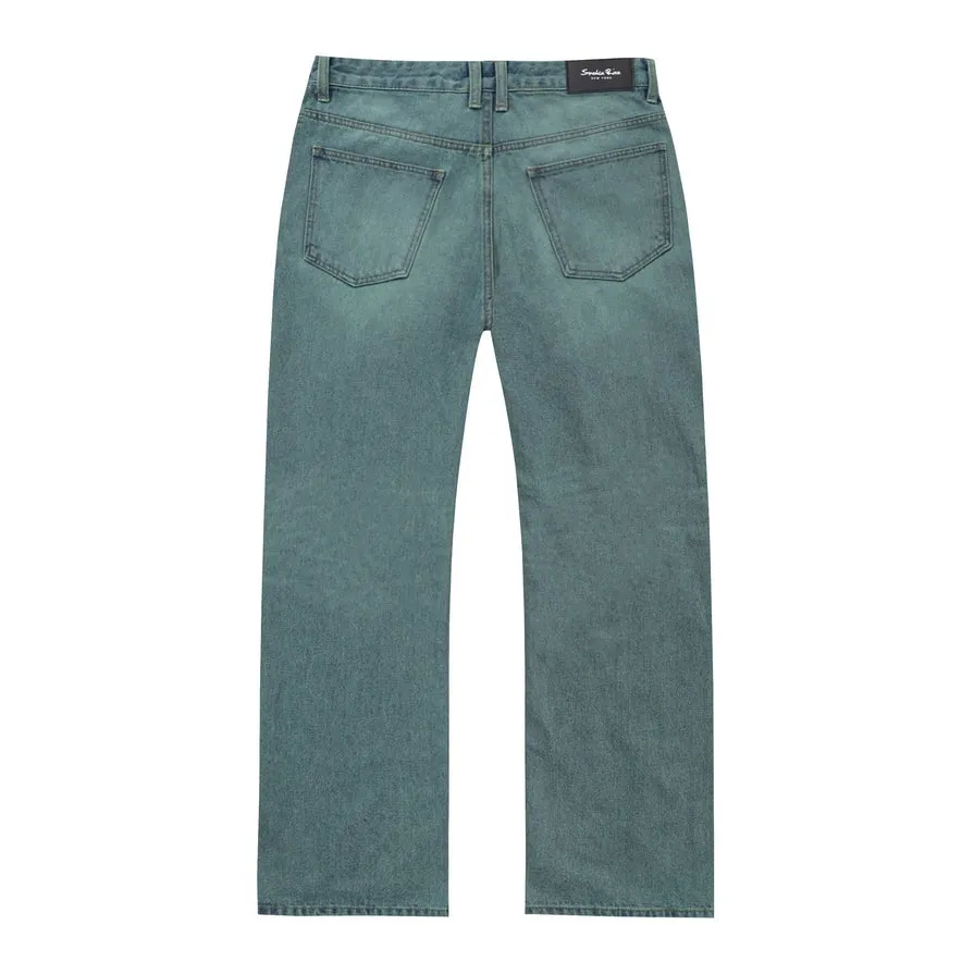 Semi Wide Green Tinted Jeans - Green Blue