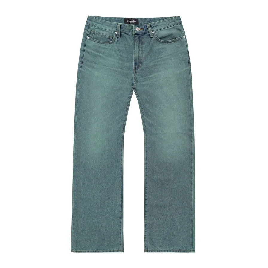Semi Wide Green Tinted Jeans - Green Blue