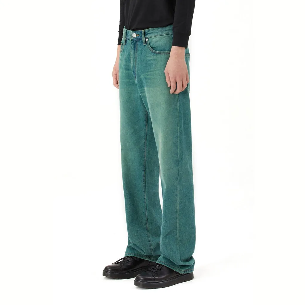 Semi Wide Green Tinted Jeans - Green Blue
