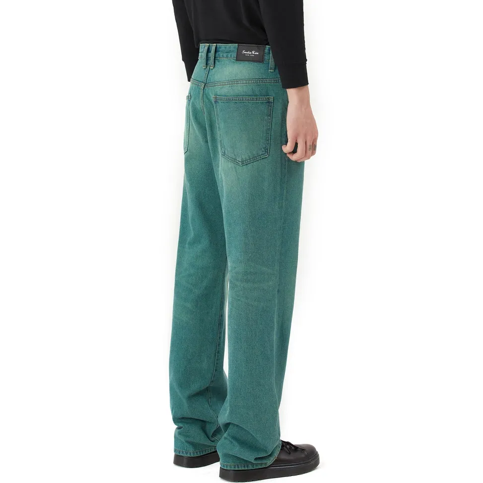 Semi Wide Green Tinted Jeans - Green Blue