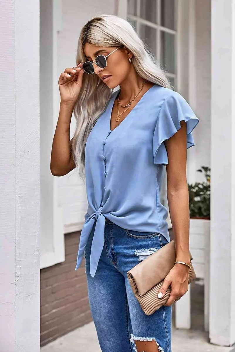 Summer Charm Short Sleeve Tie Front Blouse