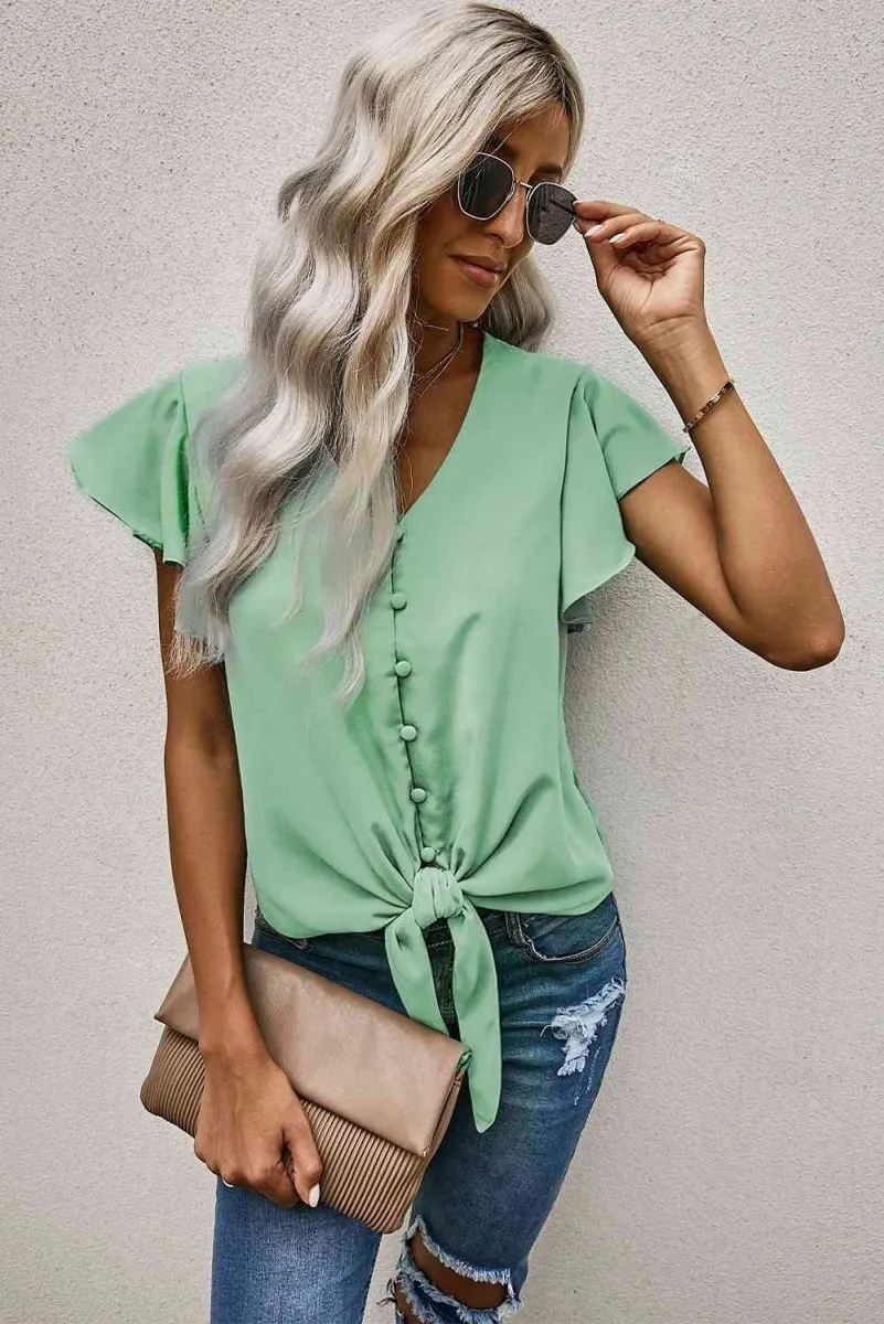 Summer Charm Short Sleeve Tie Front Blouse
