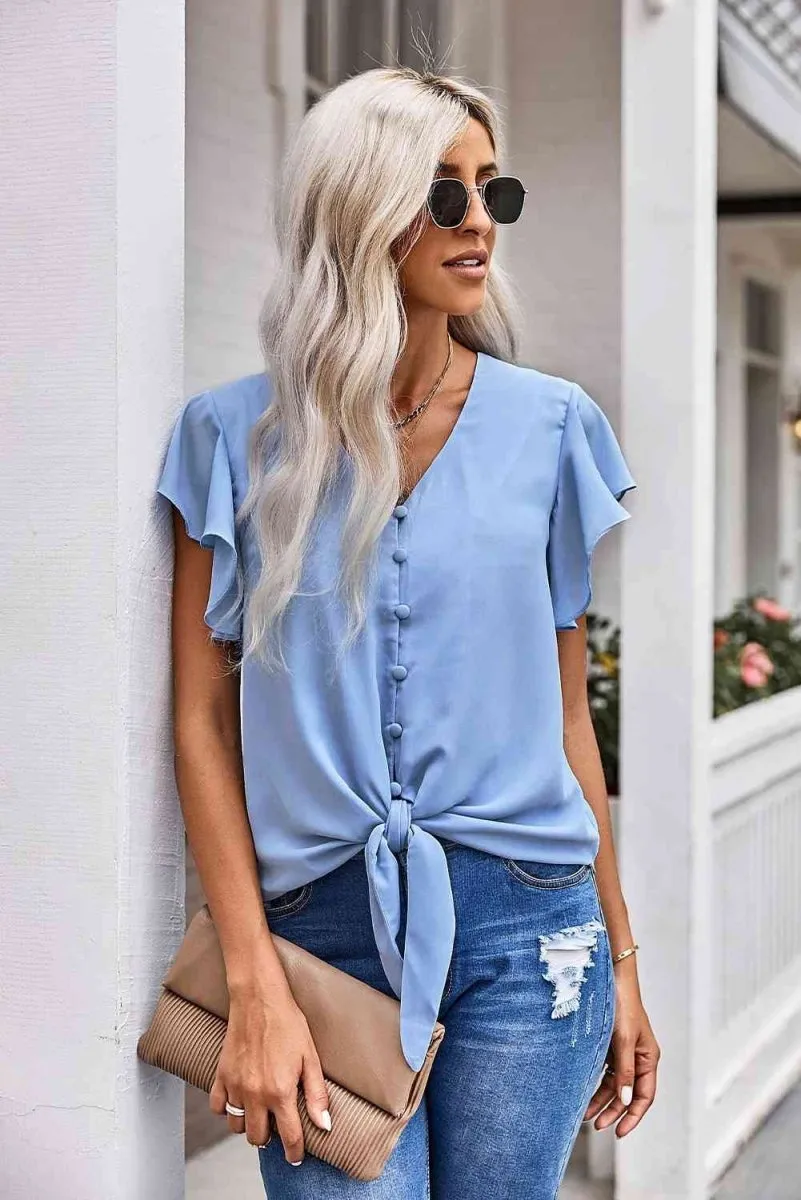 Summer Charm Short Sleeve Tie Front Blouse