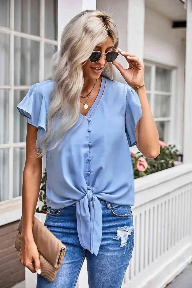 Summer Charm Short Sleeve Tie Front Blouse