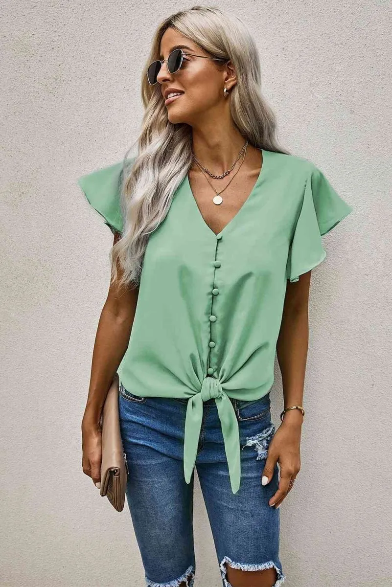 Summer Charm Short Sleeve Tie Front Blouse