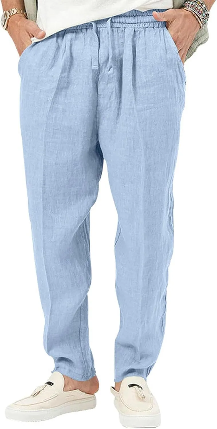 Summer Men's Breathable Cotton and Linen Trousers Loose Casual Sports Men's Trousers - Light Blue - 4XL