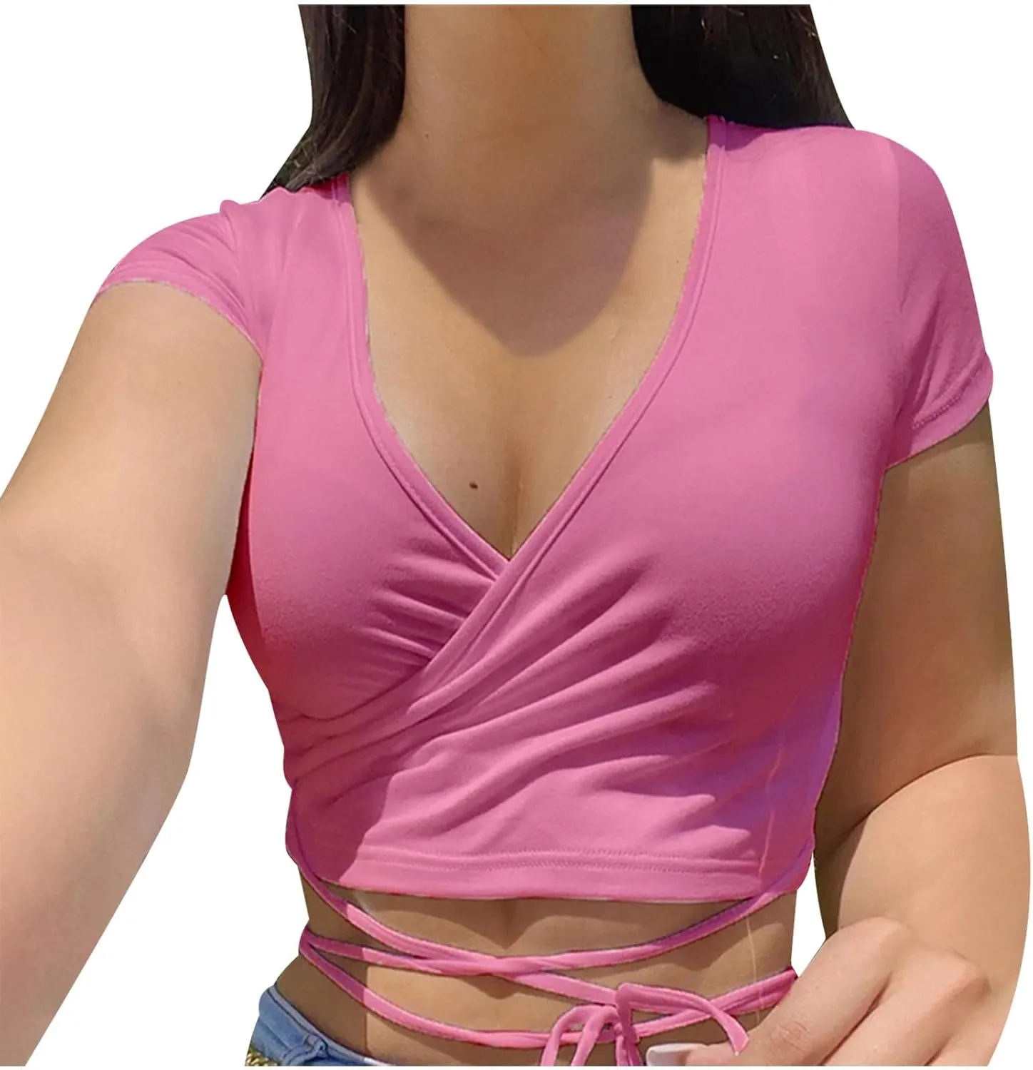 Summer Women's Sexy Wrap V Neck Short Sleeve Shirts Slim Fit Criss Cross Tie Front Crop Tops Going Out Tee