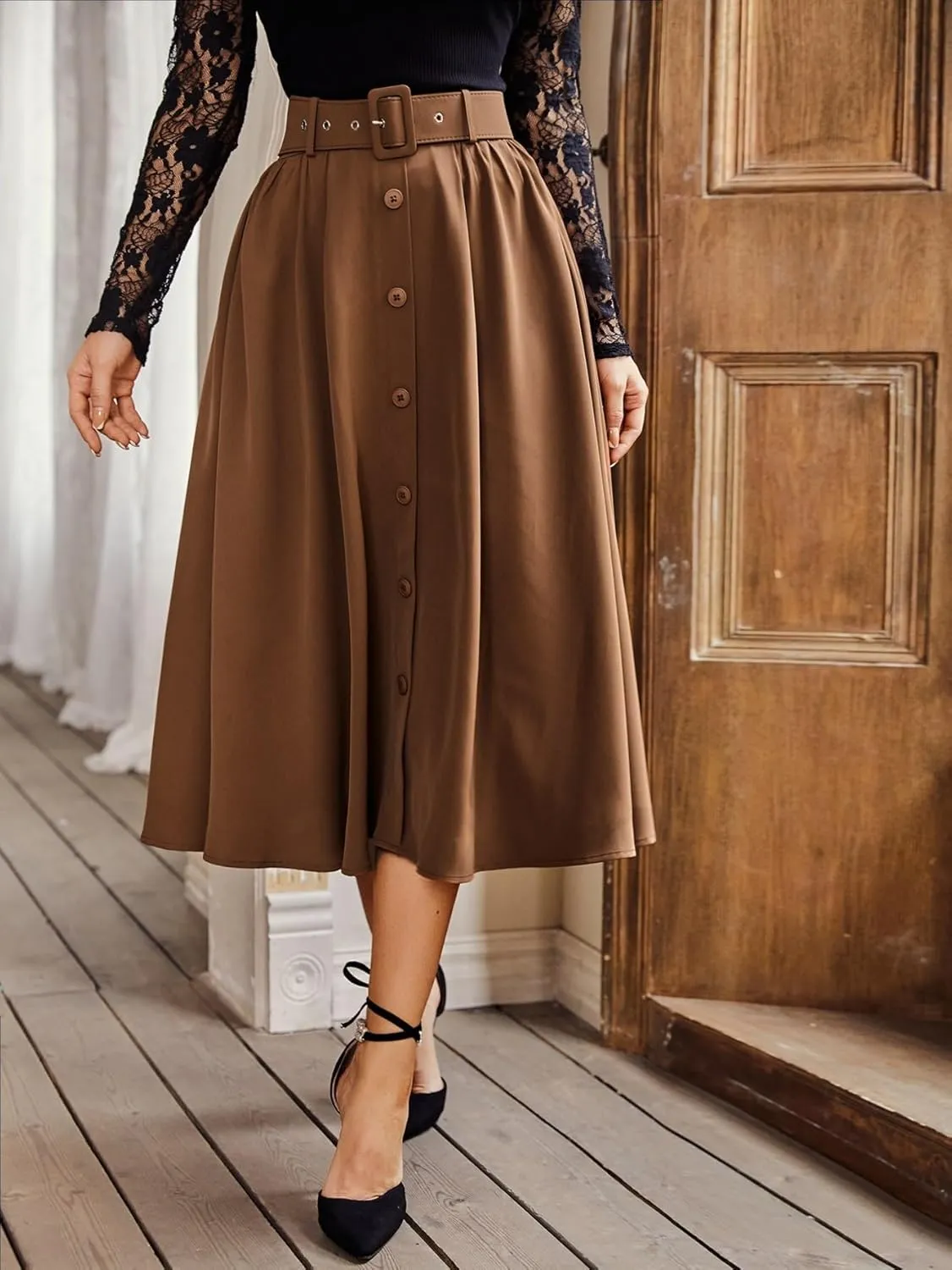 TIMEKE Women's Long Skirt Button Front Belted Skirt Zipper High Waist Flared Elegant Midi Skirt