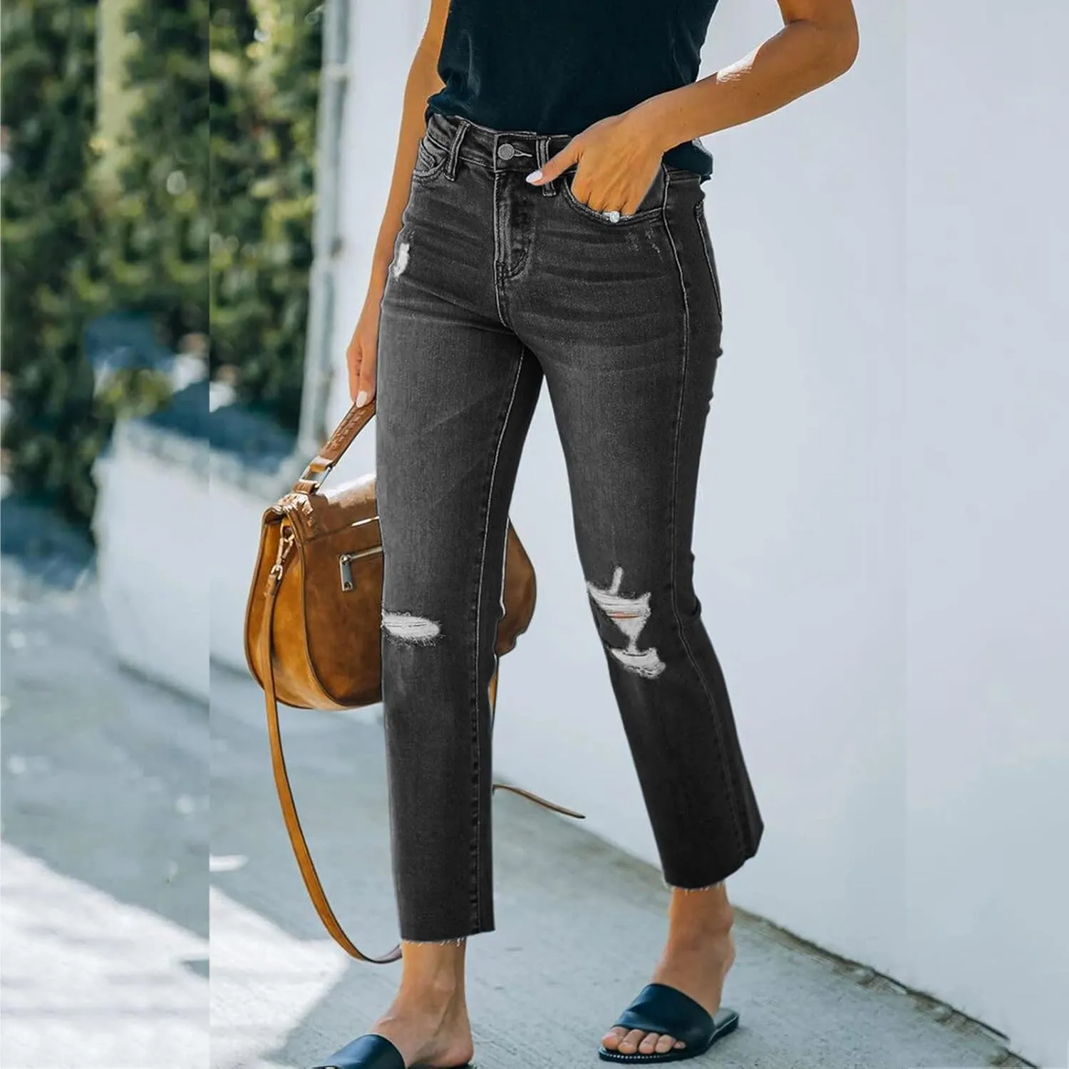 tuduoms Women Ripped Mid Rise Jeans Frayed Hem Denim Stretchy Skinny Jeans Fashion Boyfriend Distressed Ribbed Jegging Jeans
