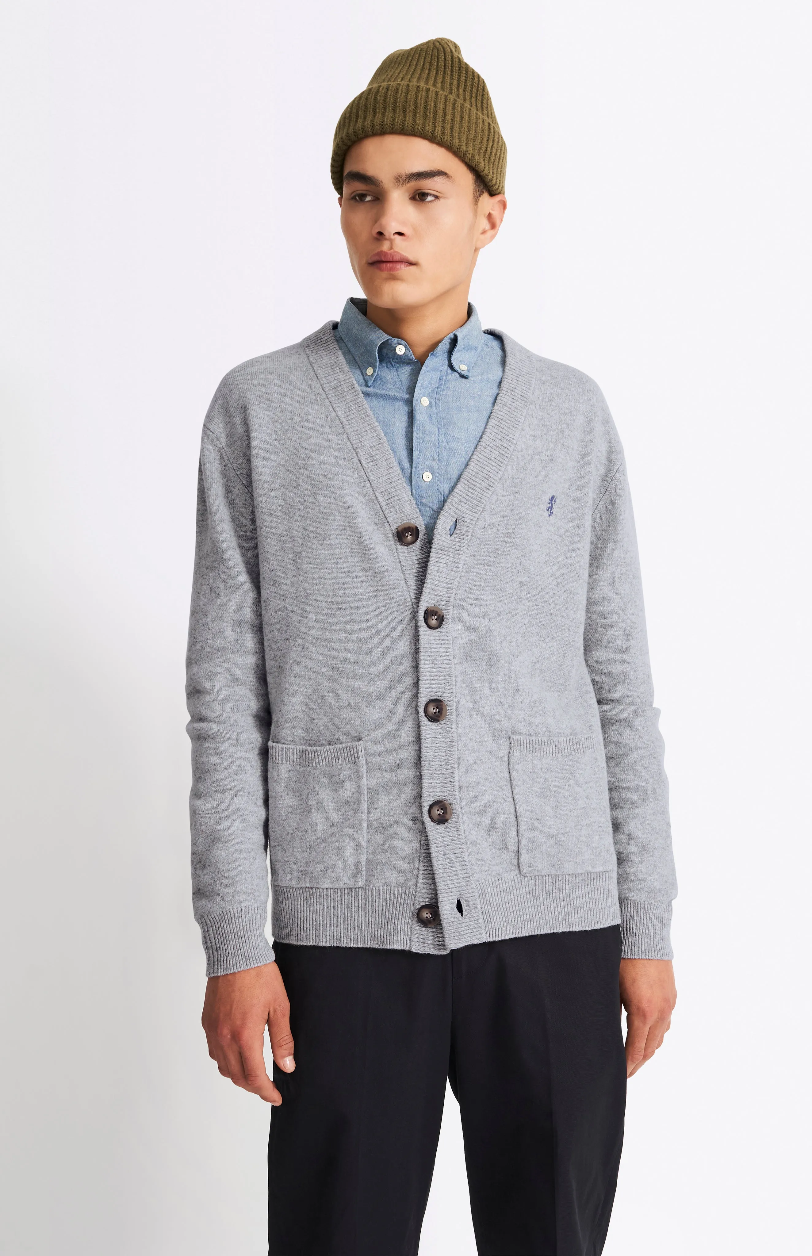V Neck Lambswool Cardigan In Light Grey