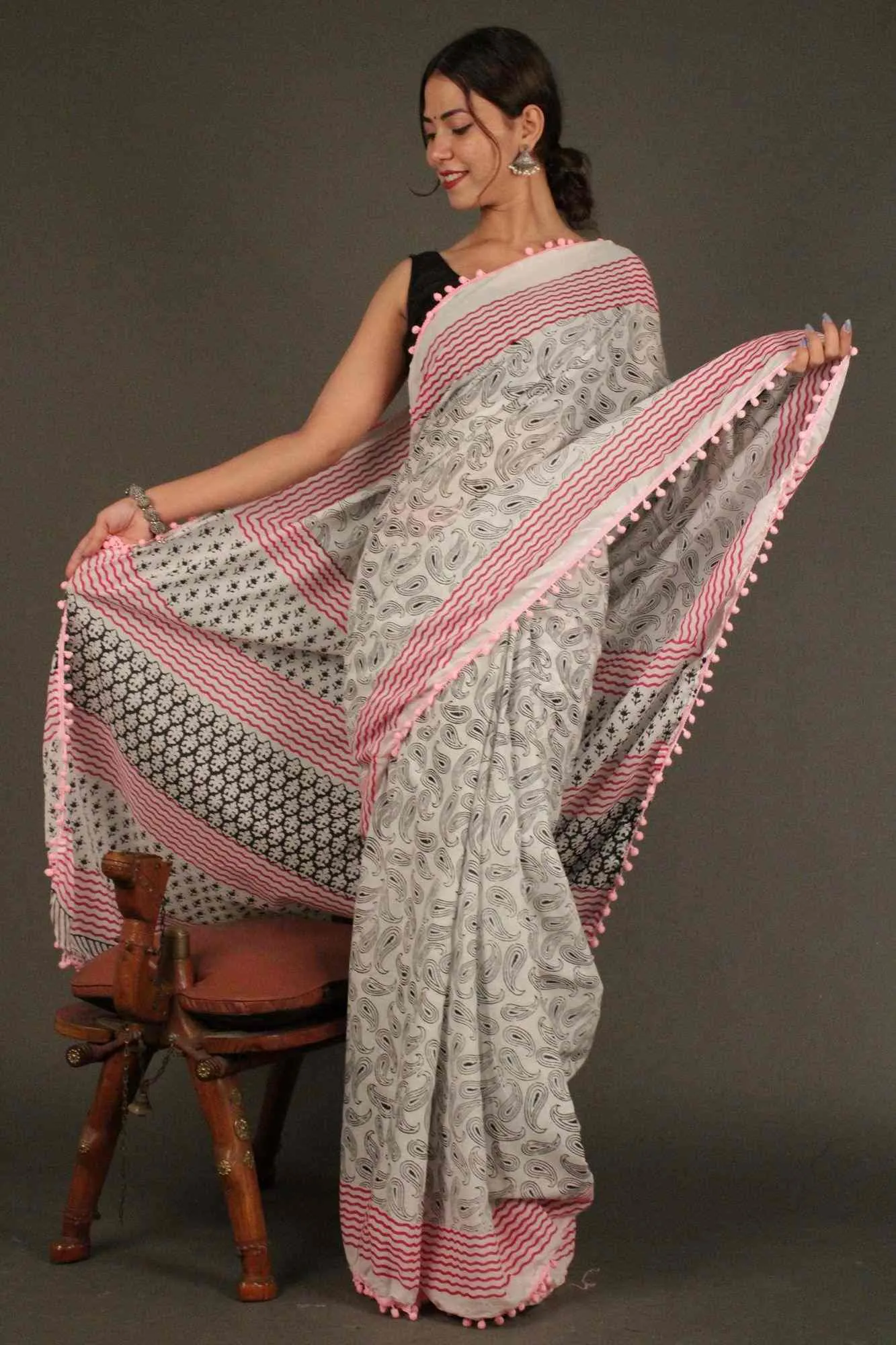 Vegetable dye light weight Mulmul Cotton with Pompom Border Wrap in 1 minute saree