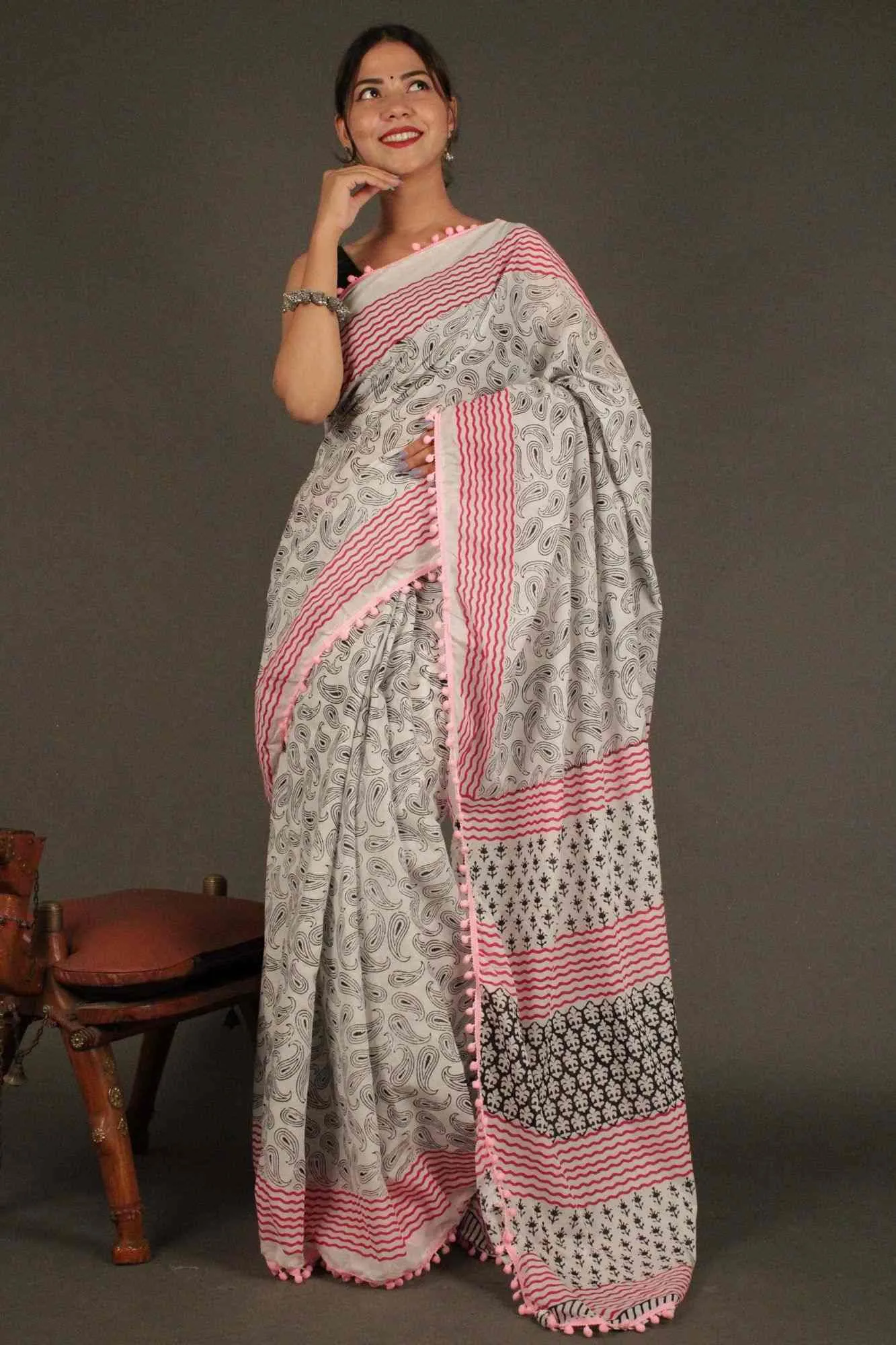 Vegetable dye light weight Mulmul Cotton with Pompom Border Wrap in 1 minute saree