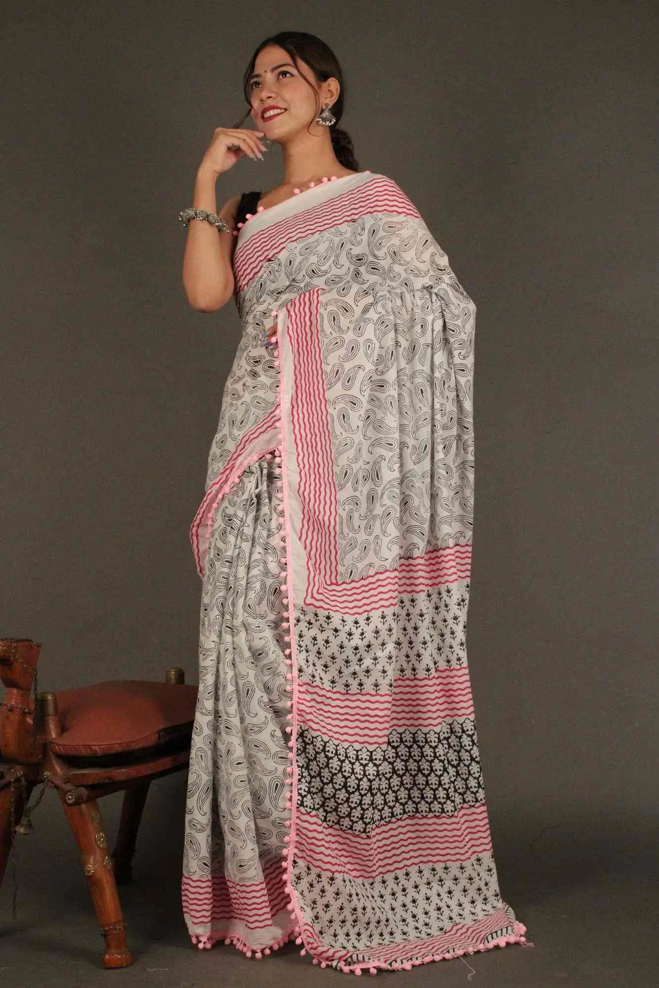 Vegetable dye light weight Mulmul Cotton with Pompom Border Wrap in 1 minute saree