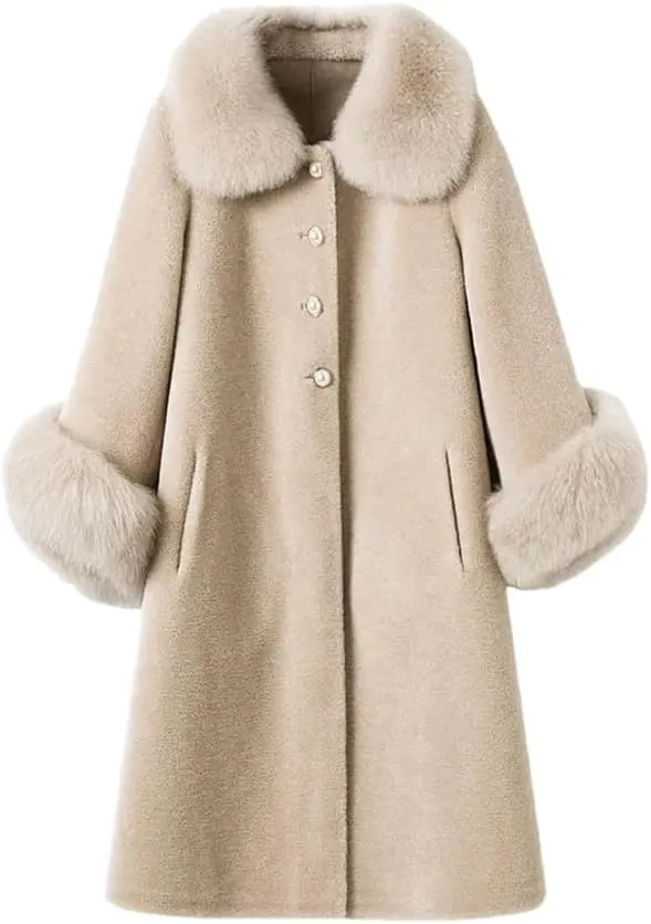 Winter Artificial Fur Coat, Light And Thickened Wool Blend Long Coat, Women's Fur Collar Coat