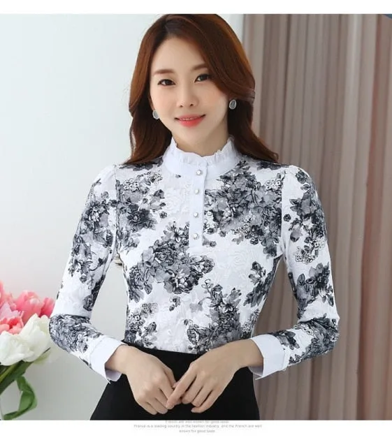 Winter Lace Casual Long Sleeve Flower Elegant Slim Velvet Blouse