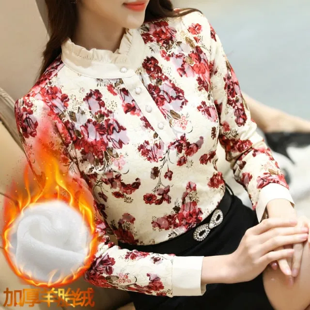 Winter Lace Casual Long Sleeve Flower Elegant Slim Velvet Blouse