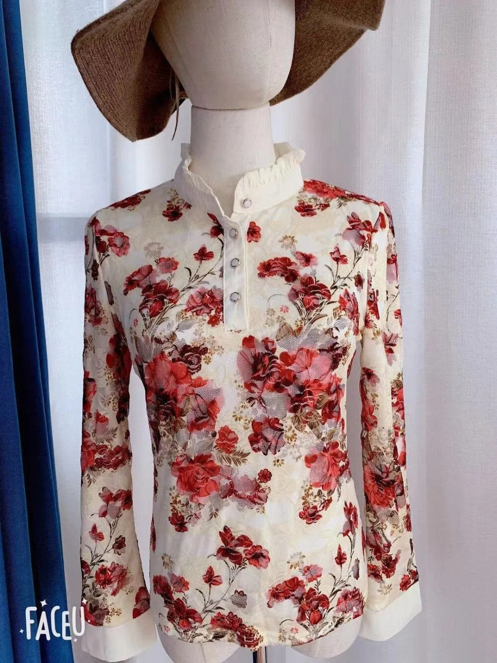 Winter Lace Casual Long Sleeve Flower Elegant Slim Velvet Blouse