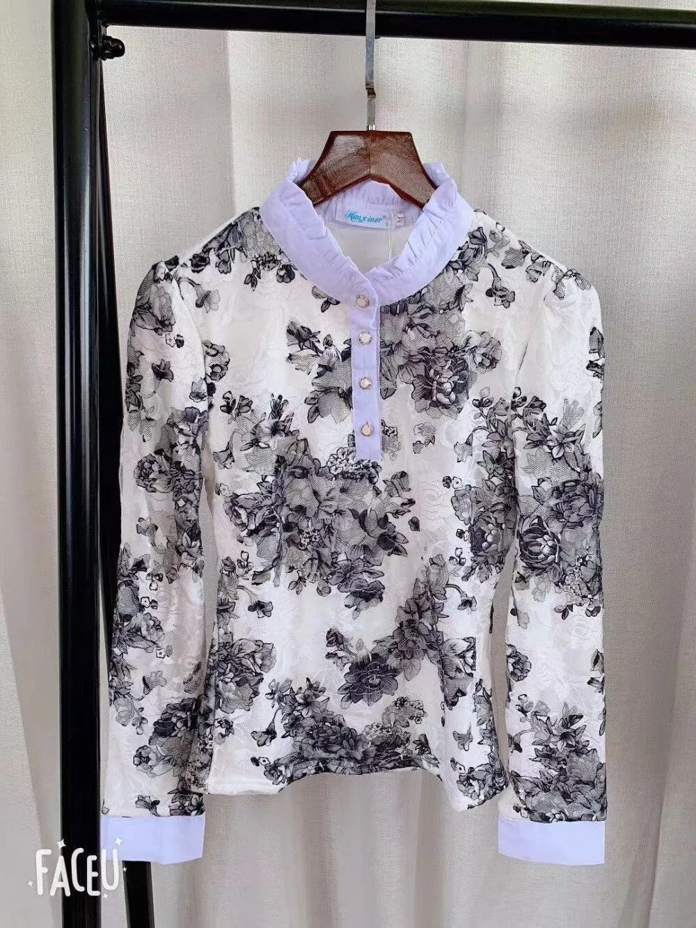 Winter Lace Casual Long Sleeve Flower Elegant Slim Velvet Blouse