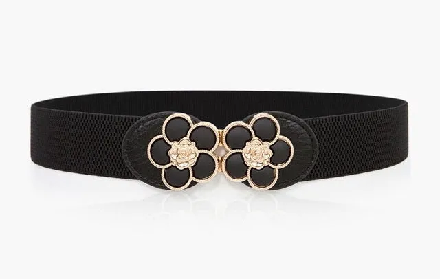 Women Elastic belt HOT black Waistband wide Elegant gold buckle Cummerbunds for women