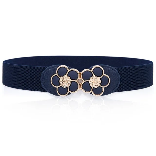 Women Elastic belt HOT black Waistband wide Elegant gold buckle Cummerbunds for women