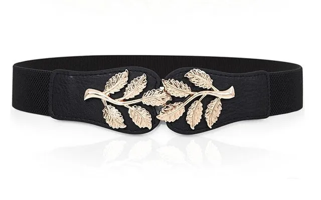 Women Elastic belt HOT black Waistband wide Elegant gold buckle Cummerbunds for women