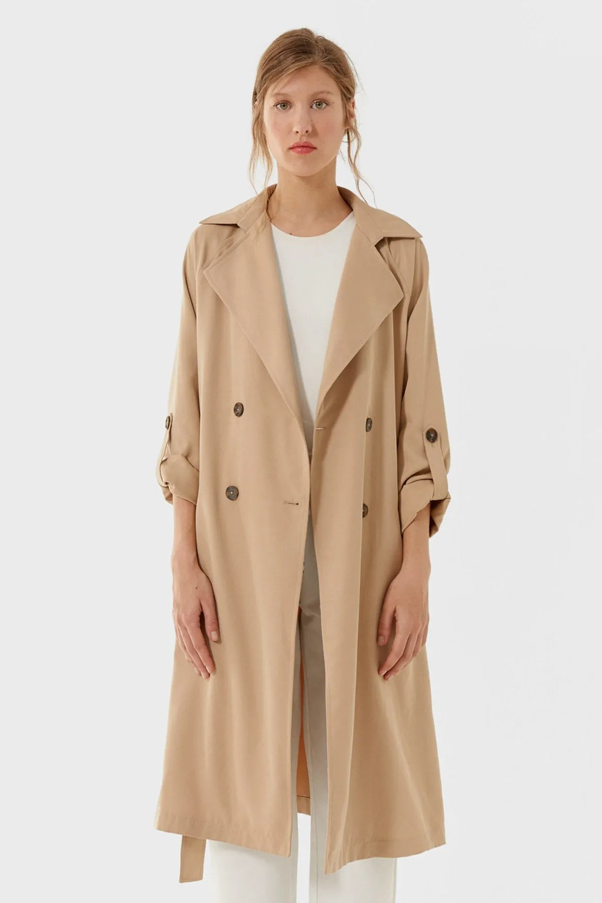 Women-s Cream Long Flowy Trench Coat