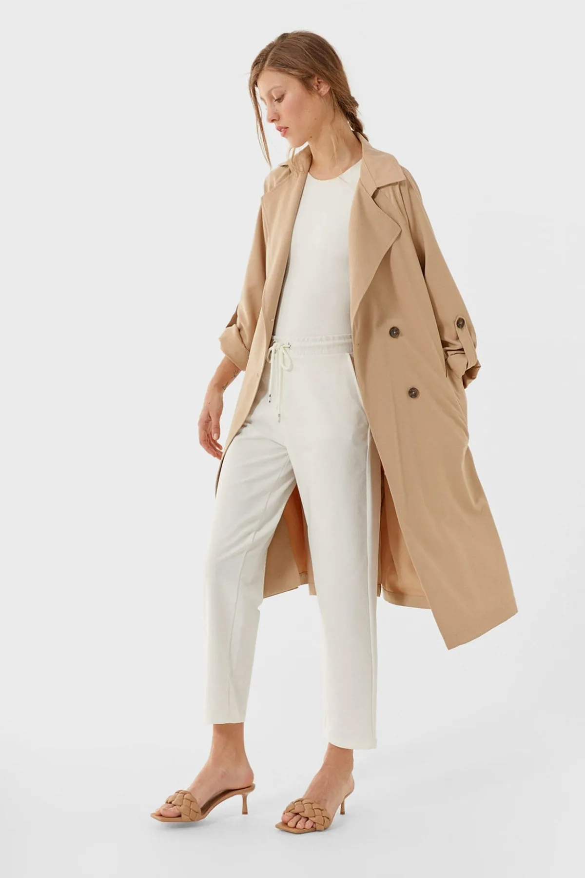 Women-s Cream Long Flowy Trench Coat