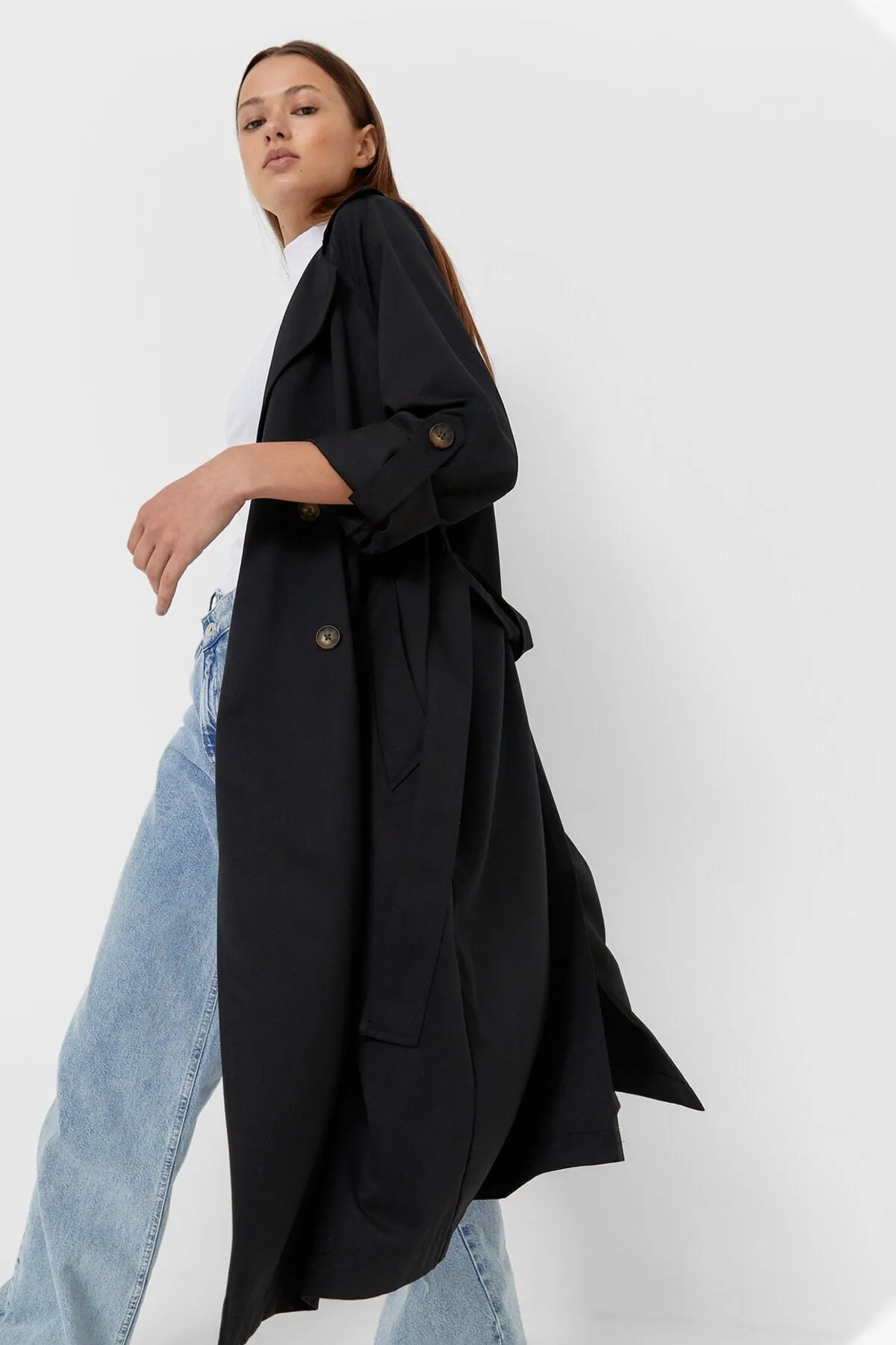 Women-s Cream Long Flowy Trench Coat