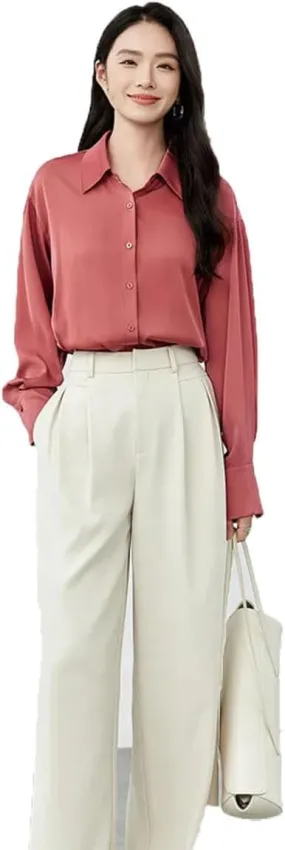 Women Solid Satin Shirt Straight Lapel Single Breasted Blouse Long Sleeve Buttons Blouse