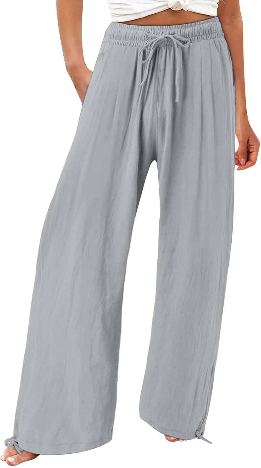 Women's Cotton Linen Summer Palazzo Pants Fashion Flowy Wide Leg Beach Trousers with Pockets Breathable Casual Pant